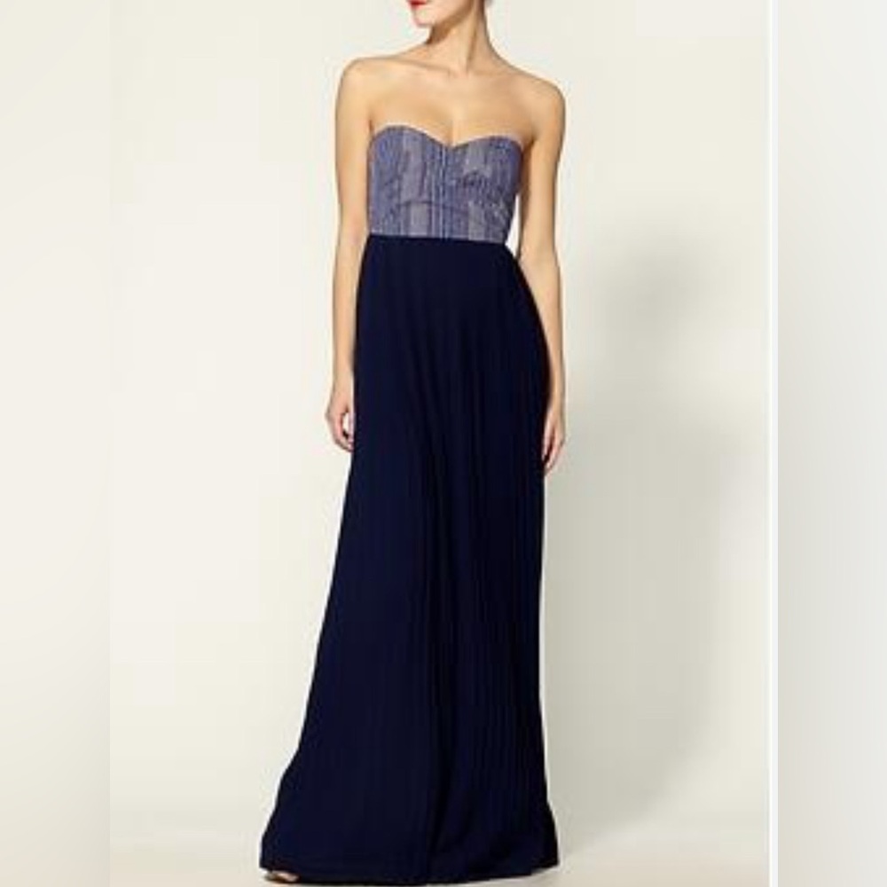 Sabine Anthropologie Blue Pleated Strapless Maxi Dress
